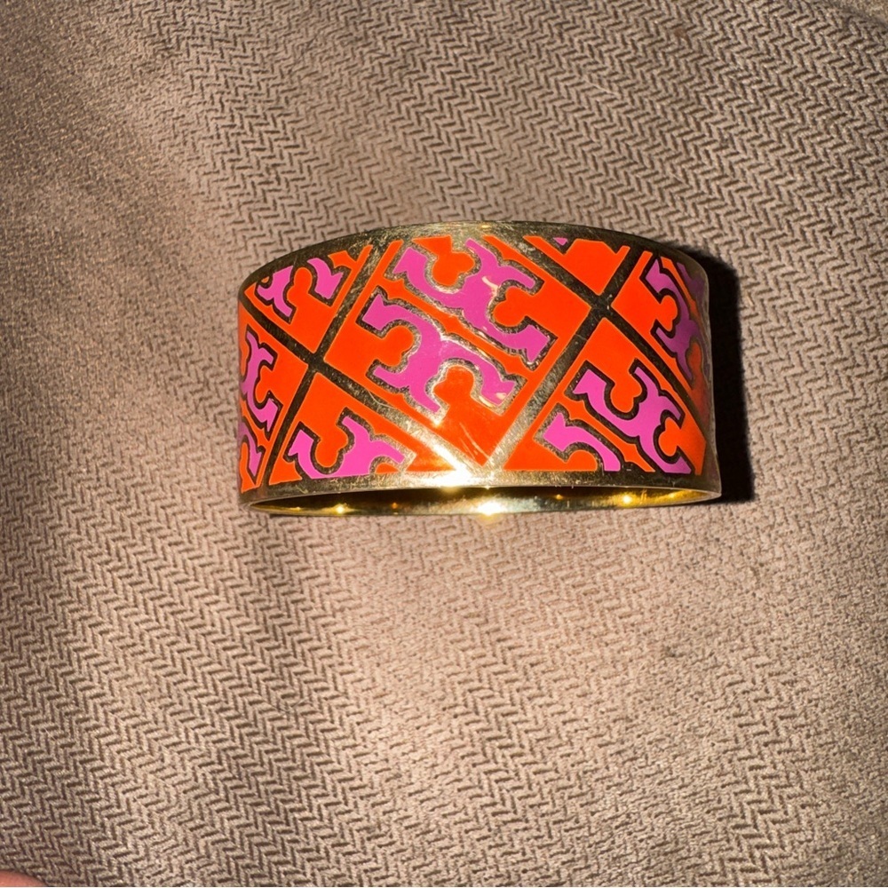 Tory Burch Gold-Tone Cuff Bracelet with Orange and Pink Enamel Pattern - Picture 1 of 4